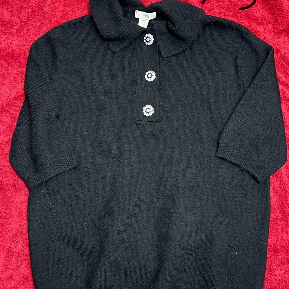 H&M Black Collared Top with Floral Buttons